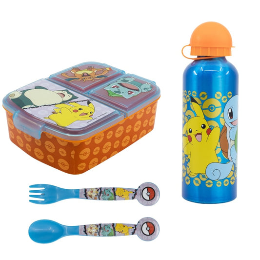 Pokemon Pikachu Kinder 4 tlg. Set 3 Kammern Brotdose Gabel Löffel XL Alu-Flasche