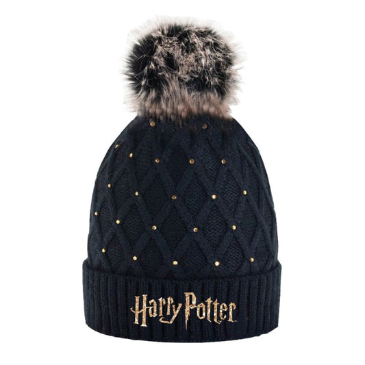 Harry Potter Damen Jugend Winter Mütze mit Bommel und goldfarbigem Schriftzug