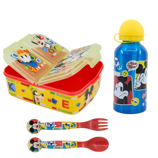 Disney Mickey Maus 4 teiliges Lunch Set Brotdose Alu-Trinkflasche - Löffel Gabel