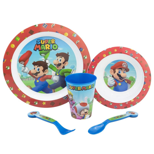 Super Mario und Luigi Kinder Geschirr-Set 5 tlg Becher Teller Schüssel Besteck